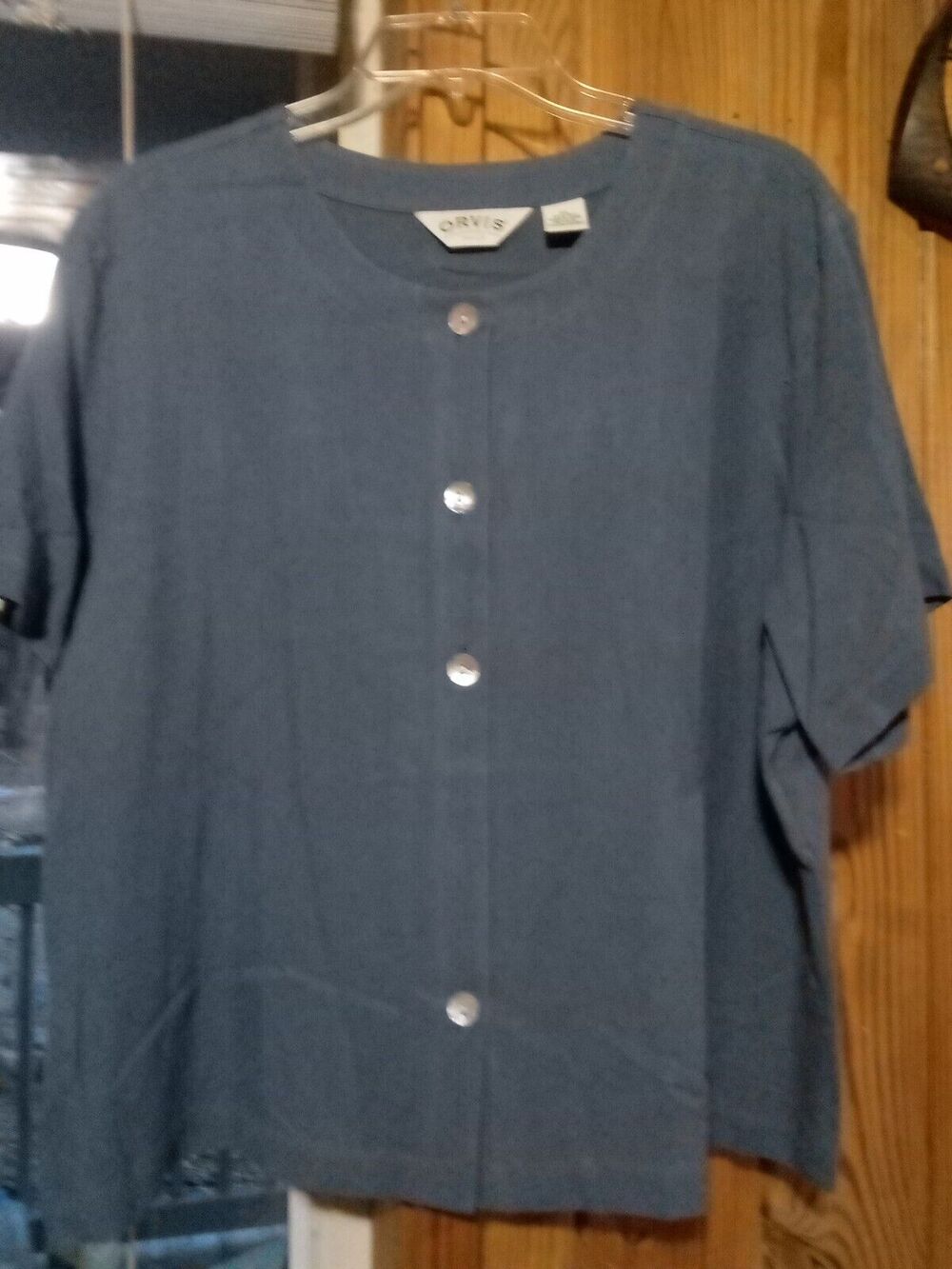Orvis Women's Short Sleeve Button Down Silk Shirt XL Blue